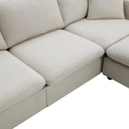 Canapé en tissu polyester en forme de L avec 2 coussins offerts et pouf convertible