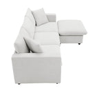 Canapé en tissu polyester en forme de L avec 2 coussins offerts et pouf convertible