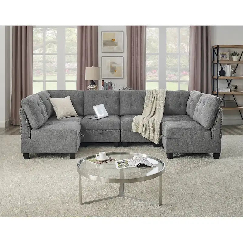 Divano Sezionale Modulare Combinabile Fai-da-te con Contenitore Nascosto e Borchie Decorative in Rame