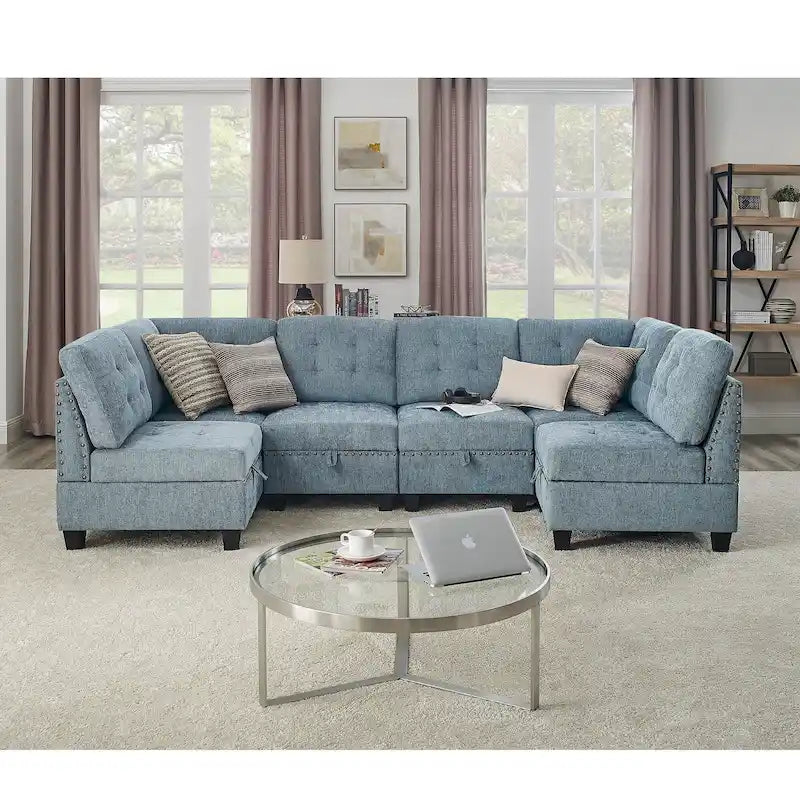 Divano Sezionale Modulare Combinabile Fai-da-te con Contenitore Nascosto e Borchie Decorative in Rame