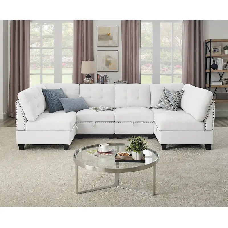Divano Sezionale Modulare Combinabile Fai-da-te con Contenitore Nascosto e Borchie Decorative in Rame
