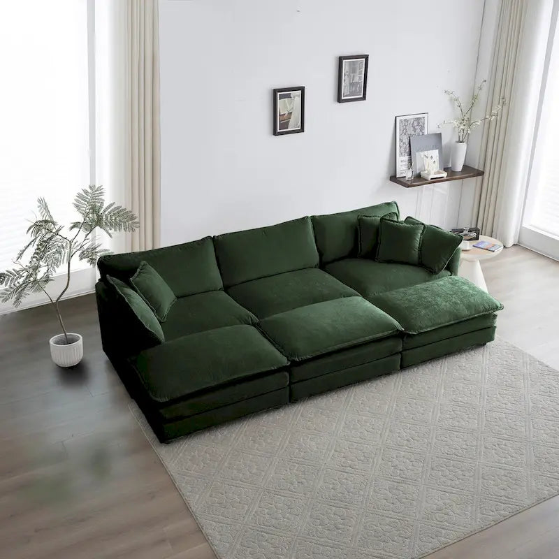 Green 6-Seater U-Shape Sectional Sofa with 3 Ottomans and Pillows