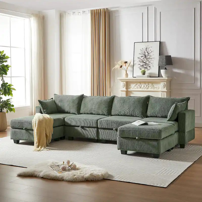 Divano Sezionale Modulare Convertibile in Corduroy a 6 Pezzi con Sedute Contenitore, 2 Pouf Rimovibili, Combinazione Libera