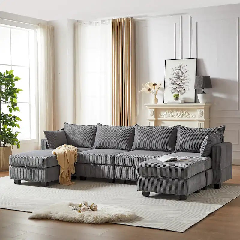 Divano Sezionale Modulare Convertibile in Corduroy a 6 Pezzi con Sedute Contenitore, 2 Pouf Rimovibili, Combinazione Libera