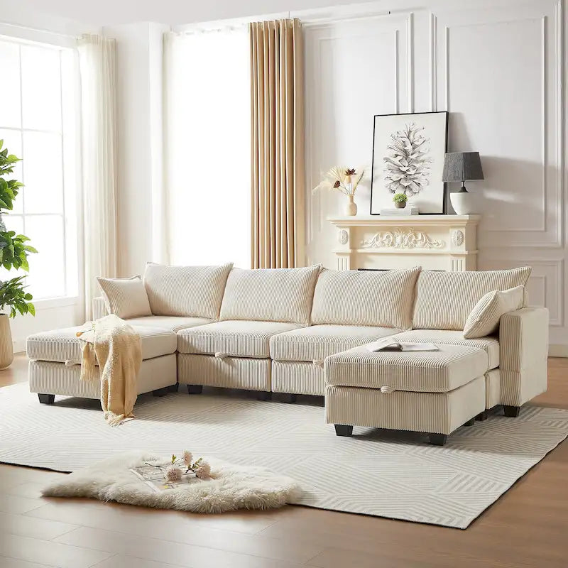 Divano Sezionale Modulare Convertibile in Corduroy a 6 Pezzi con Sedute Contenitore, 2 Pouf Rimovibili, Combinazione Libera