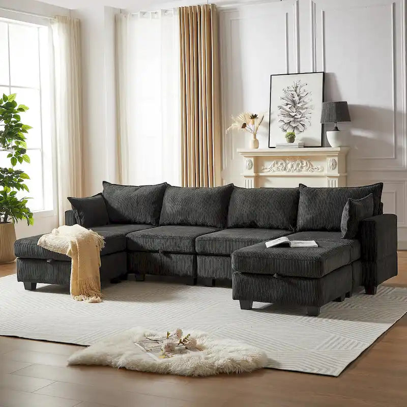 6-Piece Convertible Corduroy Modular Sectional Sofa with Storage Seats, 2 Removable Ottomans, Free Combination