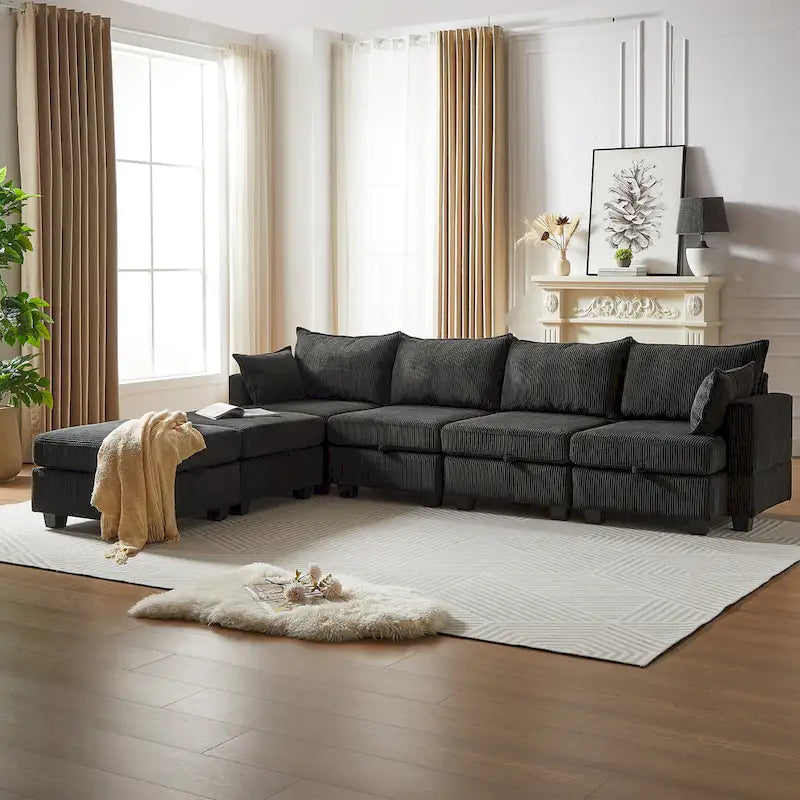 Canapé d'angle modulable 6 pièces en velours côtelé avec rangements, 2 poufs amovibles, combinaison libre