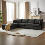 Canapé d'angle modulable 6 pièces en velours côtelé avec rangements, 2 poufs amovibles, combinaison libre