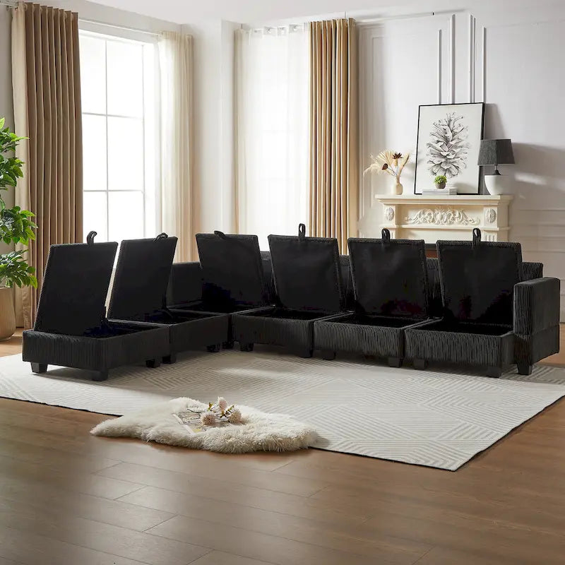 Canapé d'angle modulable 6 pièces en velours côtelé avec rangements, 2 poufs amovibles, combinaison libre