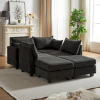 Canapé d'angle modulable 6 pièces en velours côtelé avec rangements, 2 poufs amovibles, combinaison libre