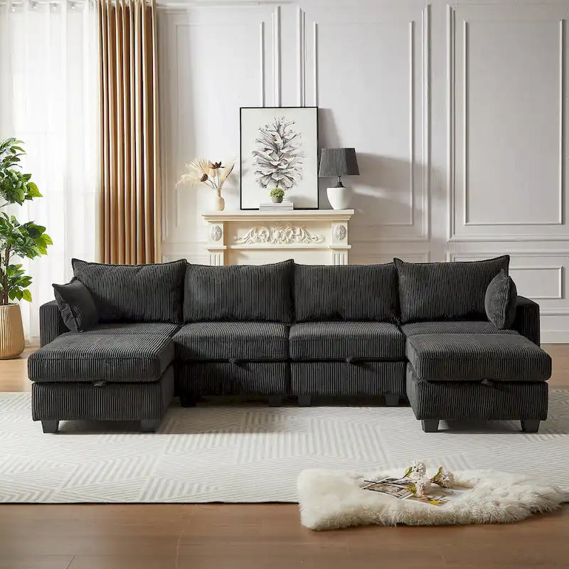 Canapé d'angle modulable 6 pièces en velours côtelé avec rangements, 2 poufs amovibles, combinaison libre