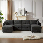 Canapé d'angle modulable 6 pièces en velours côtelé avec rangements, 2 poufs amovibles, combinaison libre
