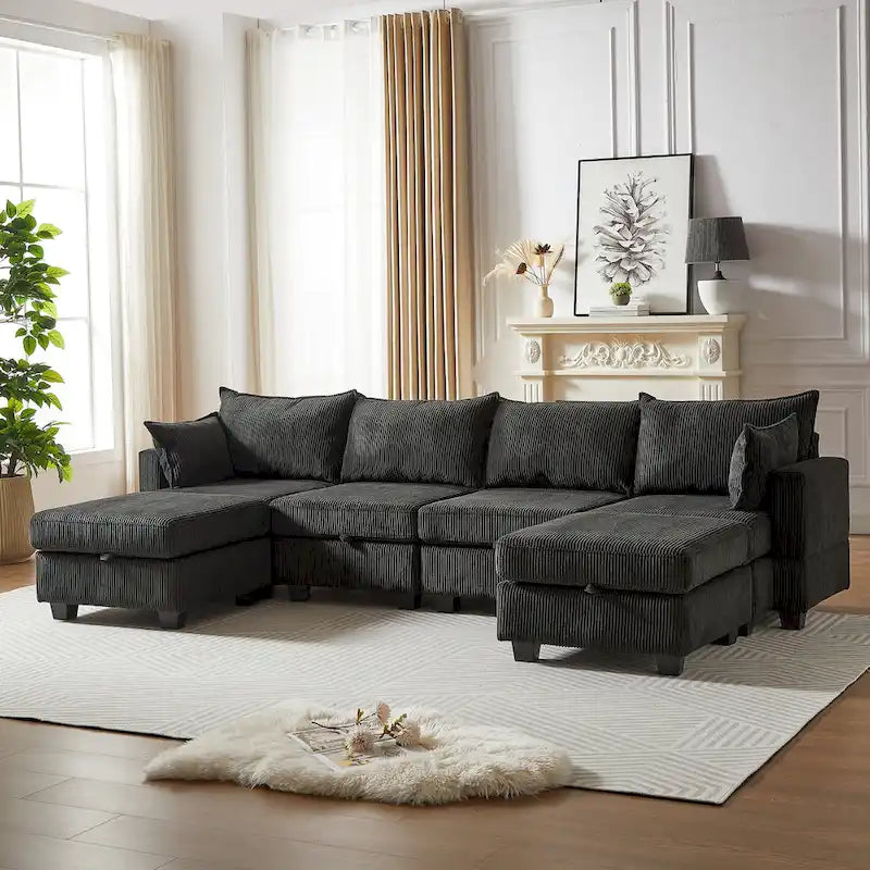Canapé d'angle modulable 6 pièces en velours côtelé avec rangements, 2 poufs amovibles, combinaison libre