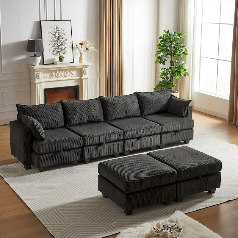 Canapé d'angle modulable 6 pièces en velours côtelé avec rangements, 2 poufs amovibles, combinaison libre