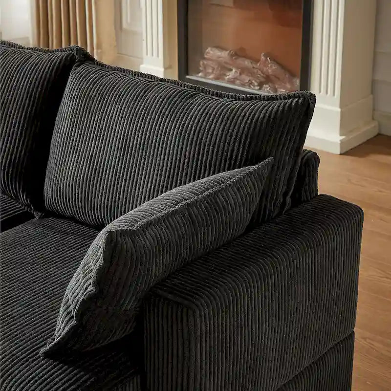 Canapé d'angle modulable 6 pièces en velours côtelé avec rangements, 2 poufs amovibles, combinaison libre