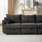 Canapé d'angle modulable 6 pièces en velours côtelé avec rangements, 2 poufs amovibles, combinaison libre