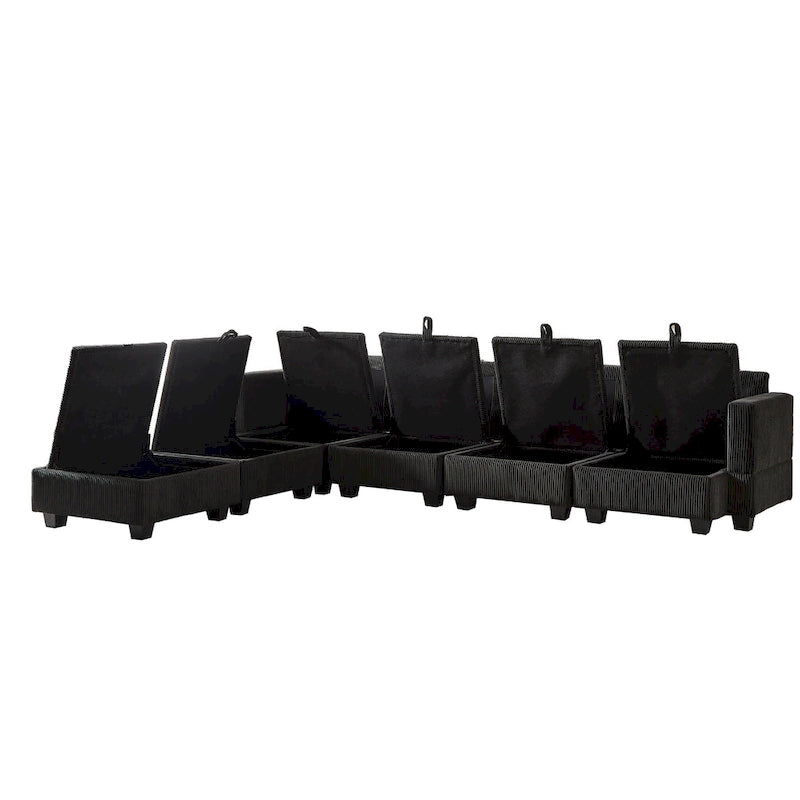 Canapé d'angle modulable 6 pièces en velours côtelé avec rangements, 2 poufs amovibles, combinaison libre