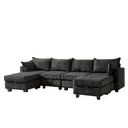 Canapé d'angle modulable 6 pièces en velours côtelé avec rangements, 2 poufs amovibles, combinaison libre