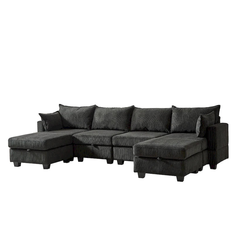 Canapé d'angle modulable 6 pièces en velours côtelé avec rangements, 2 poufs amovibles, combinaison libre