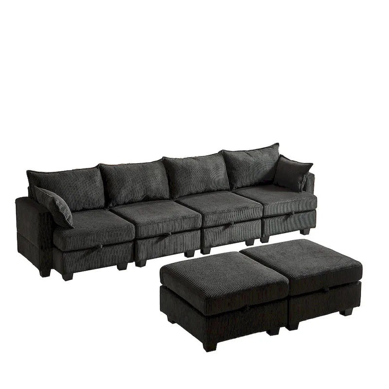 Canapé d'angle modulable 6 pièces en velours côtelé avec rangements, 2 poufs amovibles, combinaison libre