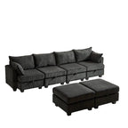 Canapé d'angle modulable 6 pièces en velours côtelé avec rangements, 2 poufs amovibles, combinaison libre