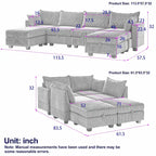 Canapé d'angle modulable 6 pièces en velours côtelé avec rangements, 2 poufs amovibles, combinaison libre