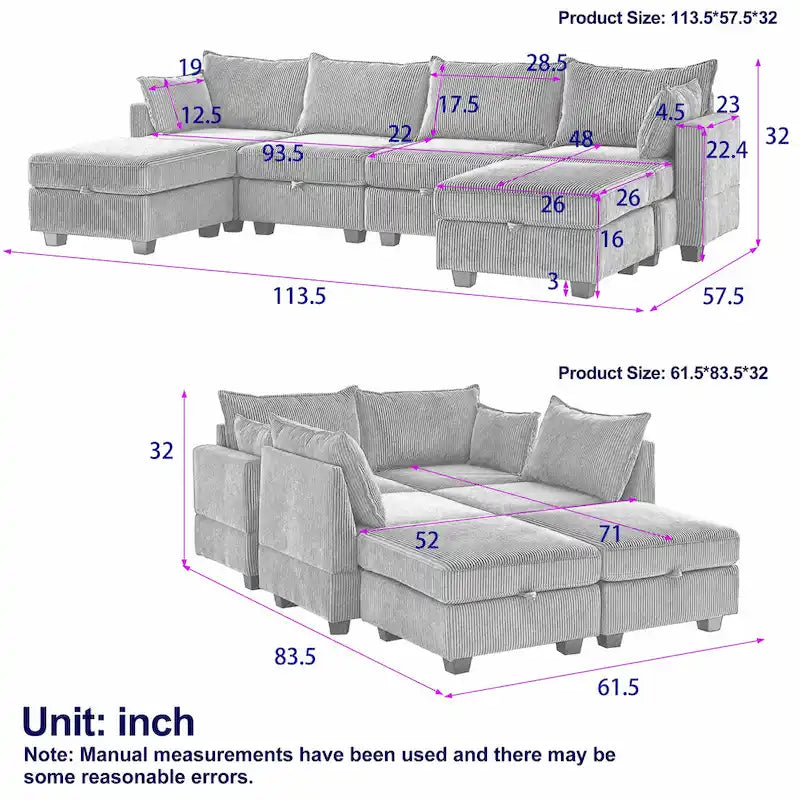 Canapé d'angle modulable 6 pièces en velours côtelé avec rangements, 2 poufs amovibles, combinaison libre