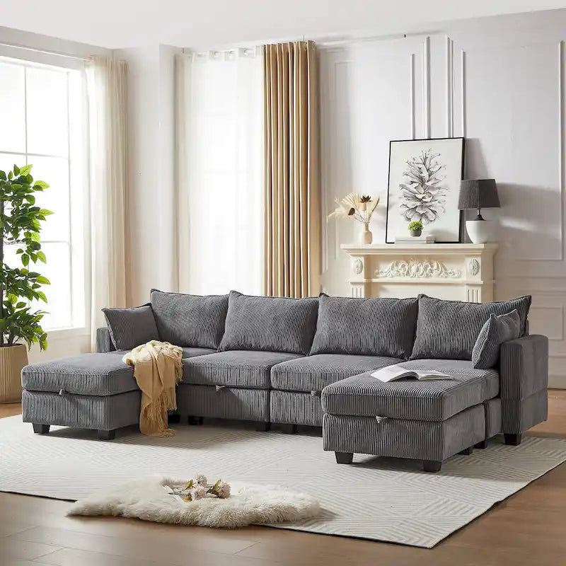 Canapé d'angle modulable 6 pièces en velours côtelé avec rangements, 2 poufs amovibles, combinaison libre