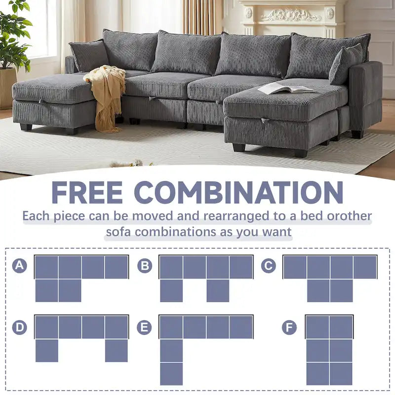 Canapé d'angle modulable 6 pièces en velours côtelé avec rangements, 2 poufs amovibles, combinaison libre