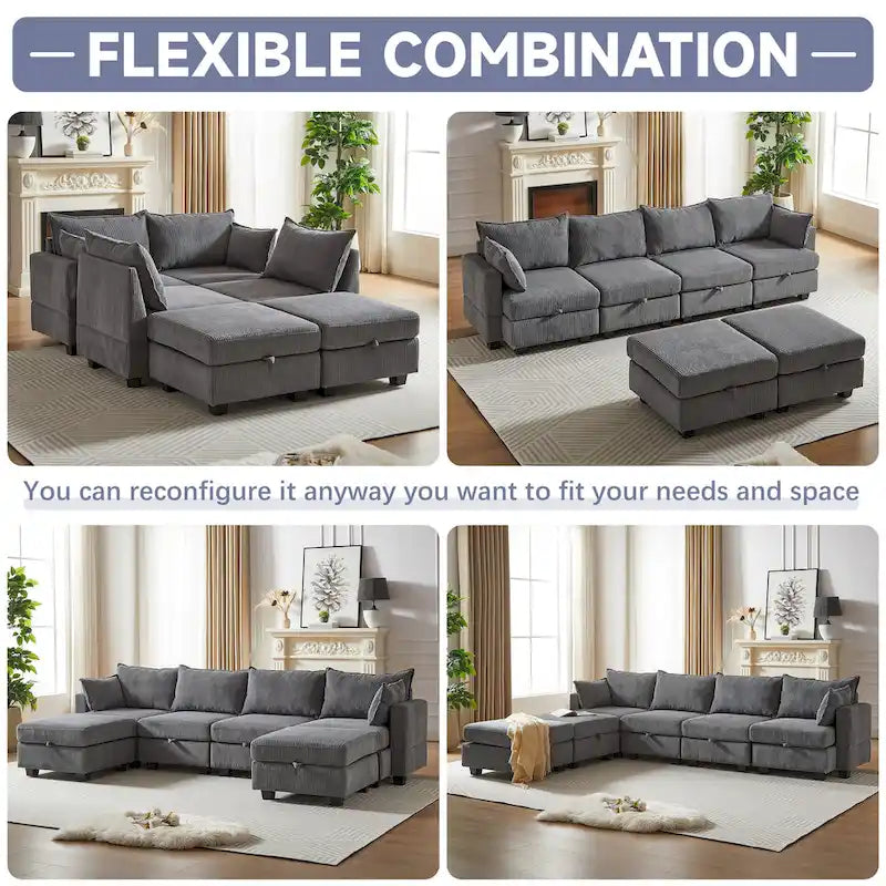 Canapé d'angle modulable 6 pièces en velours côtelé avec rangements, 2 poufs amovibles, combinaison libre