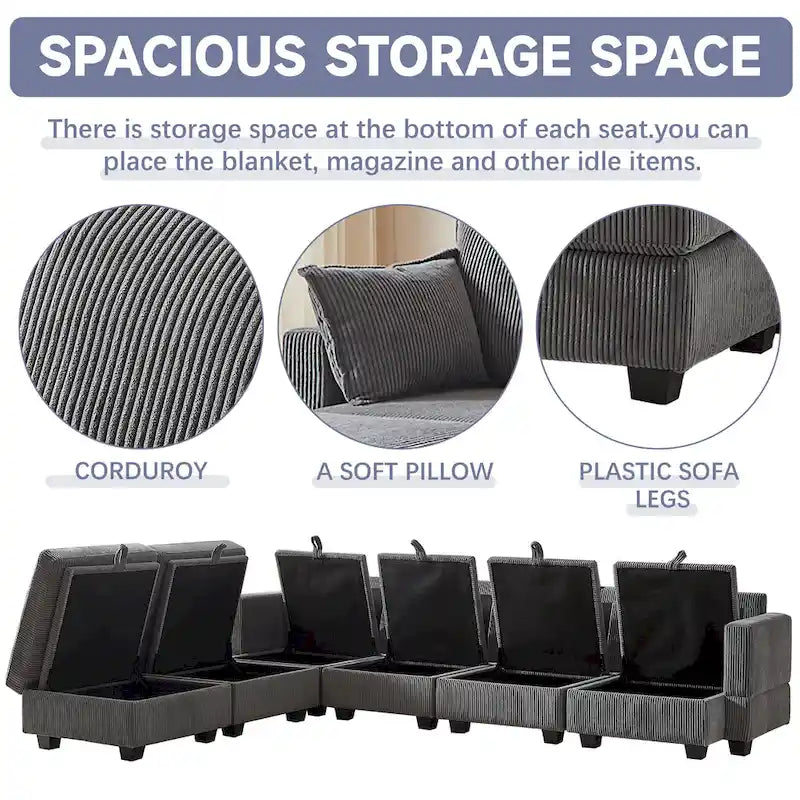 Canapé d'angle modulable 6 pièces en velours côtelé avec rangements, 2 poufs amovibles, combinaison libre