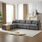 Canapé d'angle modulable 6 pièces en velours côtelé avec rangements, 2 poufs amovibles, combinaison libre