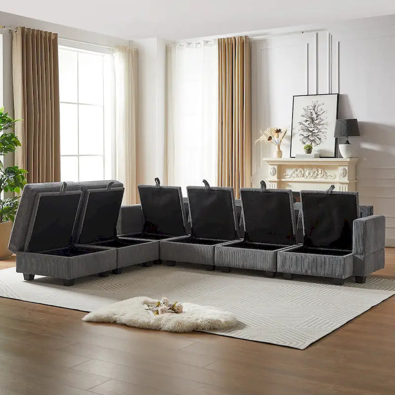 Canapé d'angle modulable 6 pièces en velours côtelé avec rangements, 2 poufs amovibles, combinaison libre