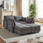 Canapé d'angle modulable 6 pièces en velours côtelé avec rangements, 2 poufs amovibles, combinaison libre