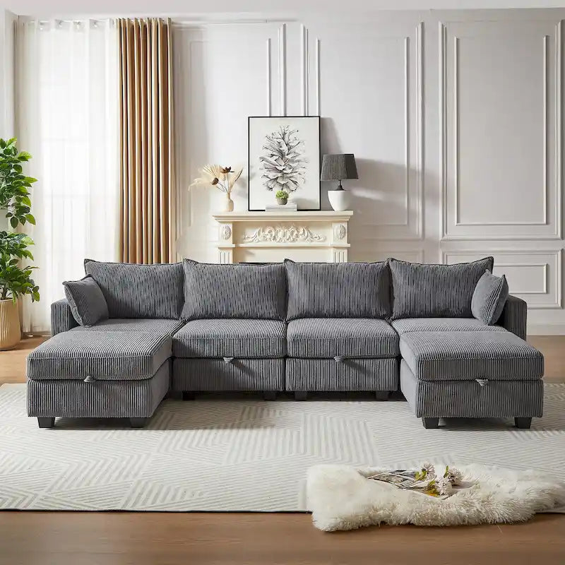 Canapé d'angle modulable 6 pièces en velours côtelé avec rangements, 2 poufs amovibles, combinaison libre