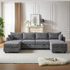 Canapé d'angle modulable 6 pièces en velours côtelé avec rangements, 2 poufs amovibles, combinaison libre