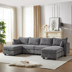 Canapé d'angle modulable 6 pièces en velours côtelé avec rangements, 2 poufs amovibles, combinaison libre