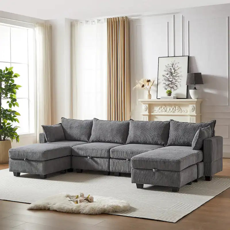 Canapé d'angle modulable 6 pièces en velours côtelé avec rangements, 2 poufs amovibles, combinaison libre