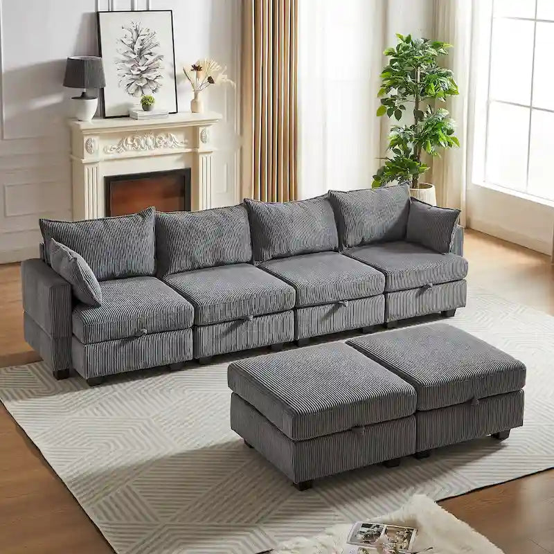 Canapé d'angle modulable 6 pièces en velours côtelé avec rangements, 2 poufs amovibles, combinaison libre