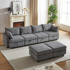 Canapé d'angle modulable 6 pièces en velours côtelé avec rangements, 2 poufs amovibles, combinaison libre