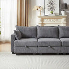 Canapé d'angle modulable 6 pièces en velours côtelé avec rangements, 2 poufs amovibles, combinaison libre