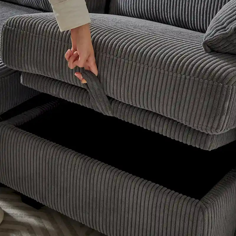 Canapé d'angle modulable 6 pièces en velours côtelé avec rangements, 2 poufs amovibles, combinaison libre