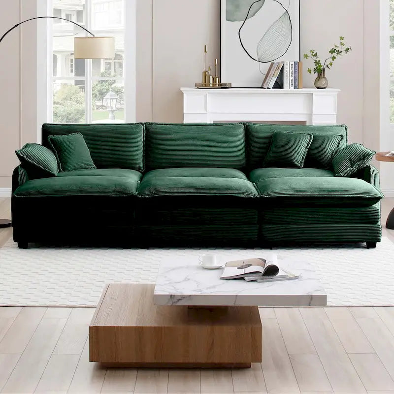 Canapé modulaire convertible 6 places en velours côtelé avec 3 poufs amovibles et 5 oreillers, combinaison libre