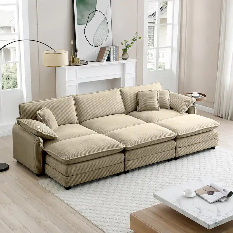 Canapé modulaire convertible 6 places en velours côtelé avec 3 poufs amovibles et 5 oreillers, combinaison libre