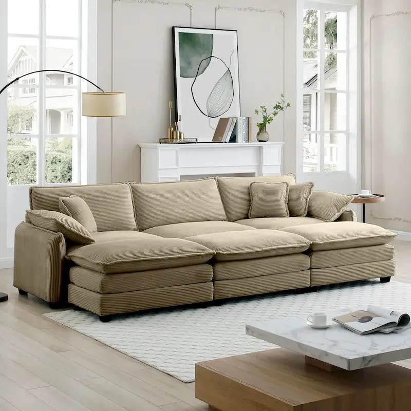 Canapé modulaire convertible 6 places en velours côtelé avec 3 poufs amovibles et 5 oreillers, combinaison libre