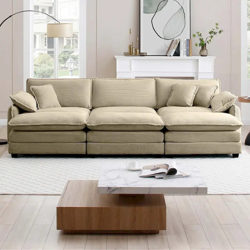 Canapé modulaire convertible 6 places en velours côtelé avec 3 poufs amovibles et 5 oreillers, combinaison libre