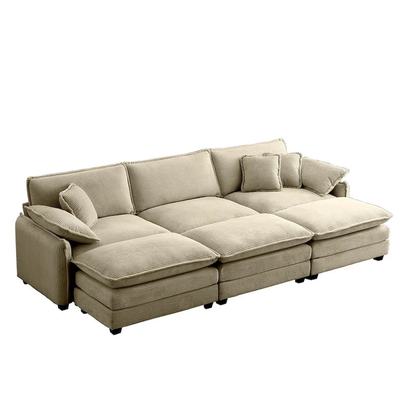 Canapé modulaire convertible 6 places en velours côtelé avec 3 poufs amovibles et 5 oreillers, combinaison libre
