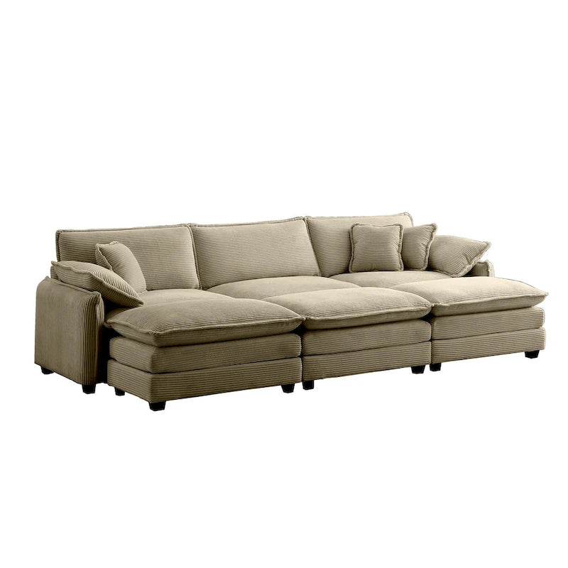 Canapé modulaire convertible 6 places en velours côtelé avec 3 poufs amovibles et 5 oreillers, combinaison libre