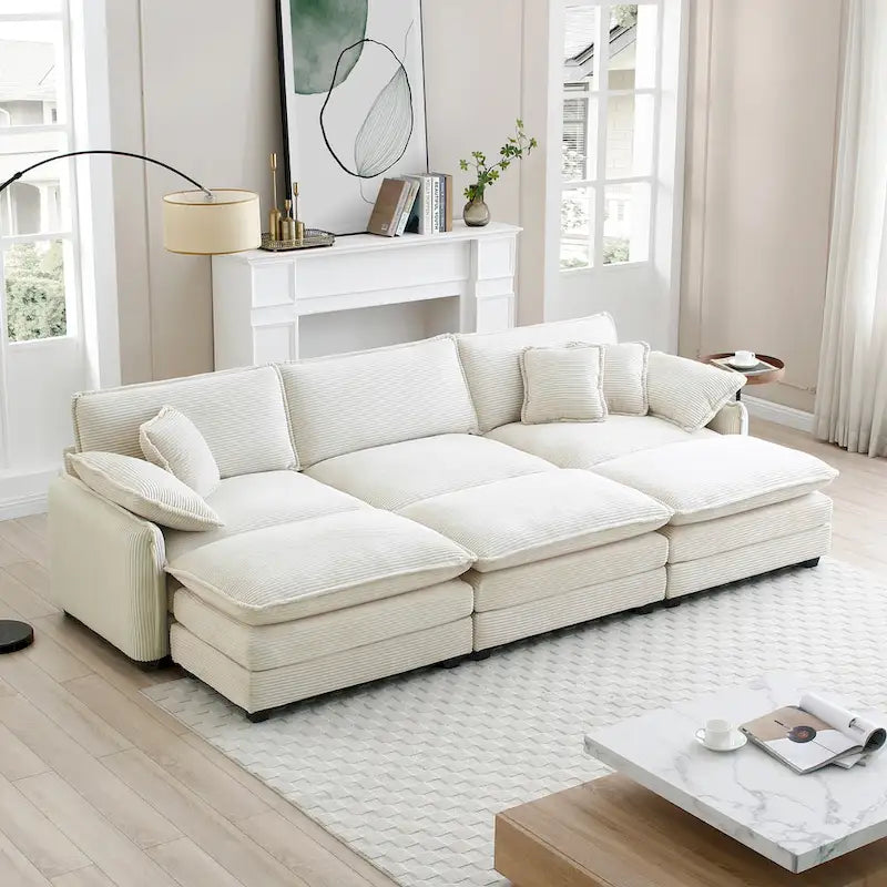 Canapé modulaire convertible 6 places en velours côtelé avec 3 poufs amovibles et 5 oreillers, combinaison libre