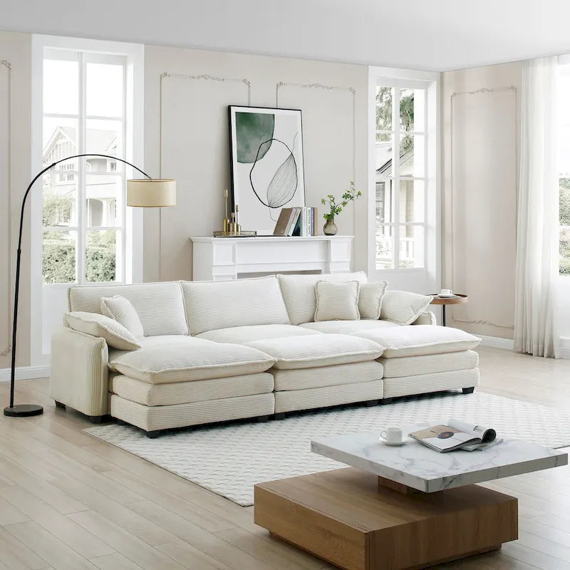 Canapé modulaire convertible 6 places en velours côtelé avec 3 poufs amovibles et 5 oreillers, combinaison libre